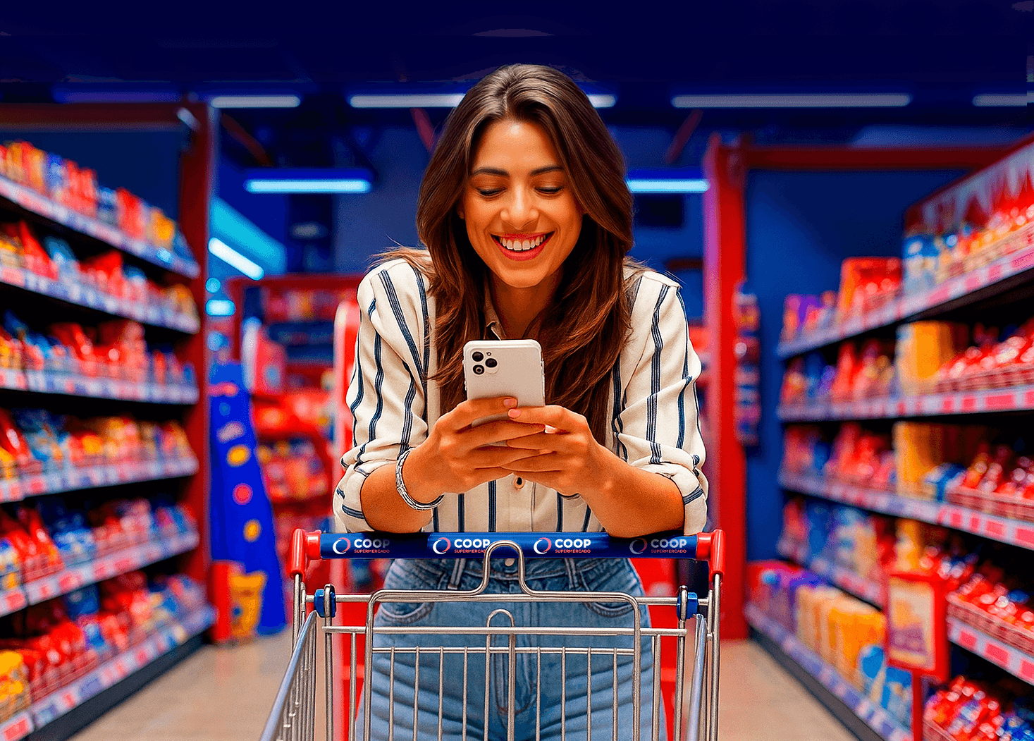 Banner de uma mulher no mercado Coop, sorrindo